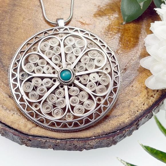 Vintage Israel Brooch Pendant 935 Sterling Silver Turquoise Flower Filigree - Picture 9 of 13